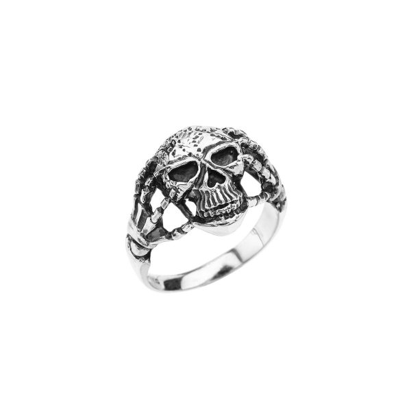 Men's Skeletal Hands Skull Ring in Sterling Silver