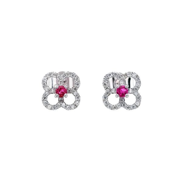 Ruby Embellished Clover Gemstone Stud Earrings in 9ct White Gold