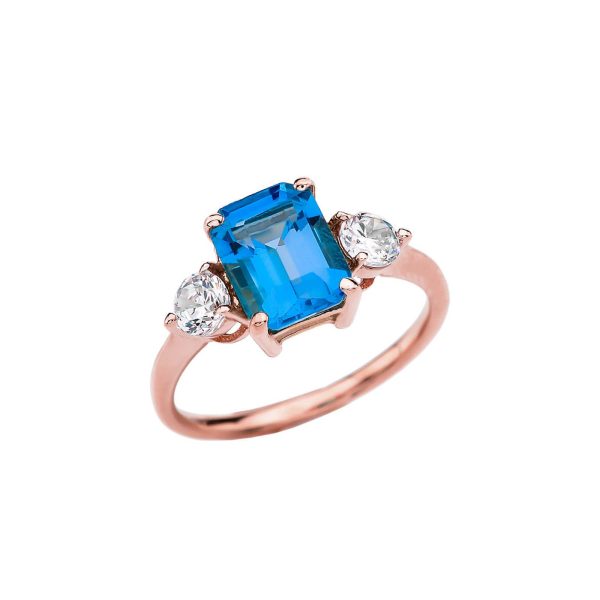 Blue Topaz & White Topaz Three Stone Gemstone Ring in 9ct Rose Gold