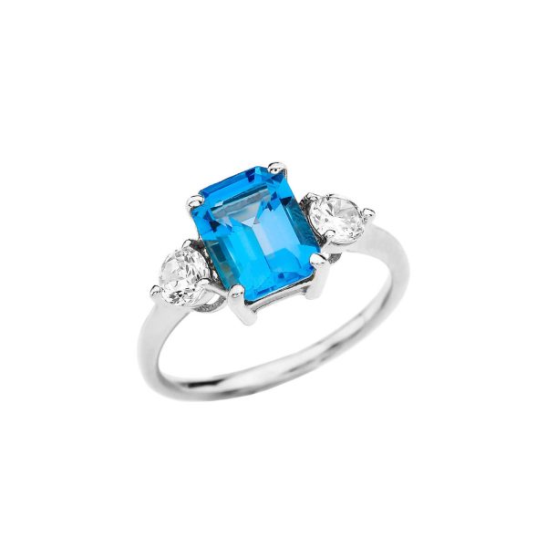 Blue Topaz & White Topaz Three Stone Gemstone Ring in 9ct White Gold