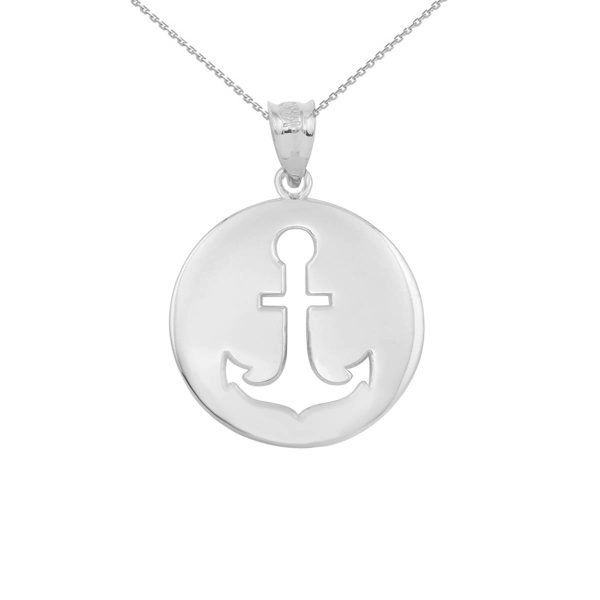 Anchor Silhouette Circle Pendant Necklace in 9ct White Gold