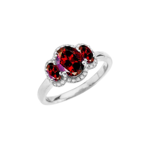 CZ, Red CZ & Diamond Three-Stone Ring in 9ct White Gold