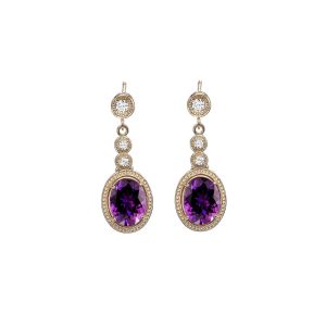 Amethyst & Diamond Embellished Stud Gemstone Drop Earrings in 9ct Gold