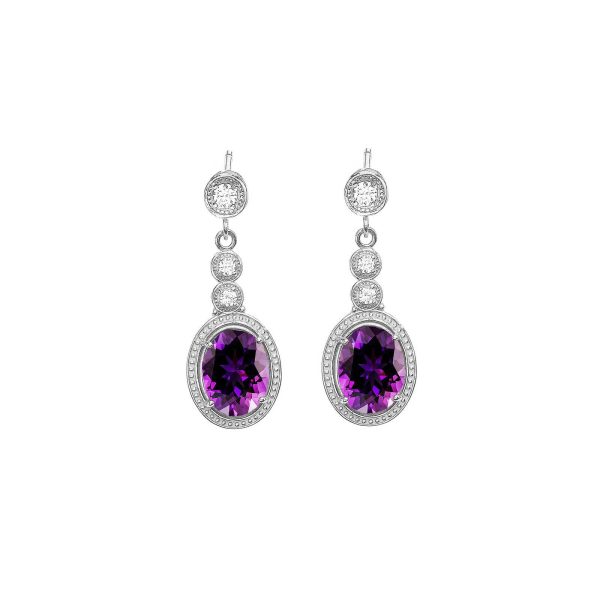 Amethyst & Diamond Embellished Stud Gemstone Drop Earrings in 9ct White Gold