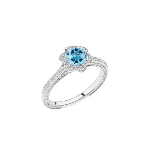 Blue Topaz Art Deco Halo Ring in 9ct White Gold