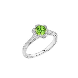 Peridot Art Deco Halo Ring in 9ct White Gold