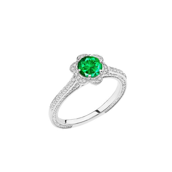 Emerald Art Deco Halo Ring in 9ct White Gold