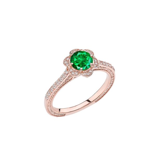 Emerald Art Deco Halo Ring in 9ct Rose Gold