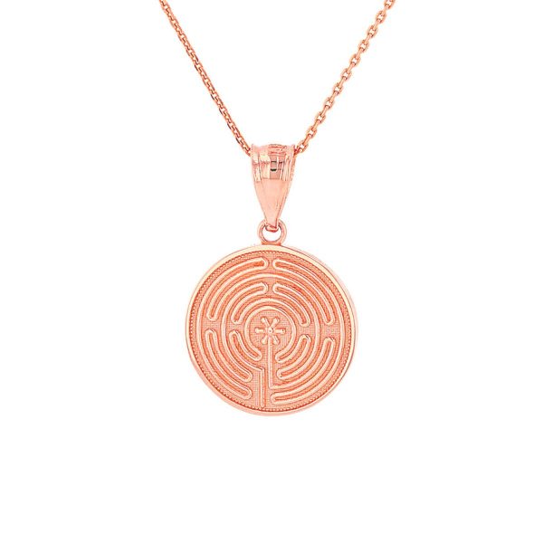 Chartres Labyrinth Medallion Pendant Necklace in 9ct Rose Gold