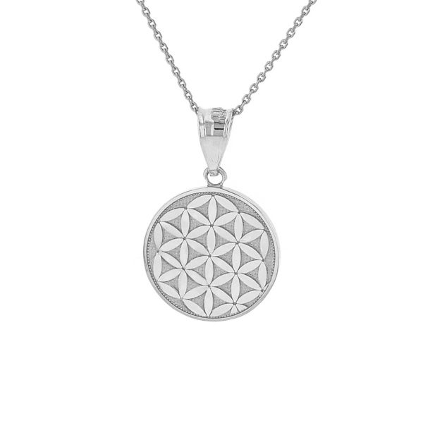 Men's Flower of Life Disc Medallion Pendant Necklace in 9ct White Gold