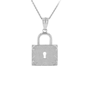 Swirl Detail Padlock Pendant Necklace in 9ct White Gold