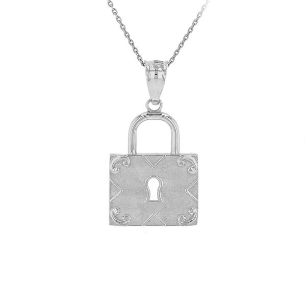 Swirl Detail Padlock Pendant Necklace in 9ct White Gold