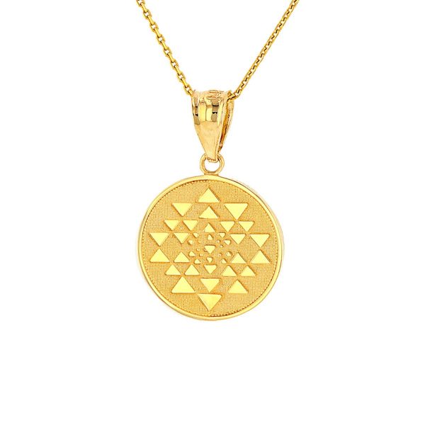 Yantra Tantric Indian Yoga Disc Circle Pendant Necklace in 9ct Gold