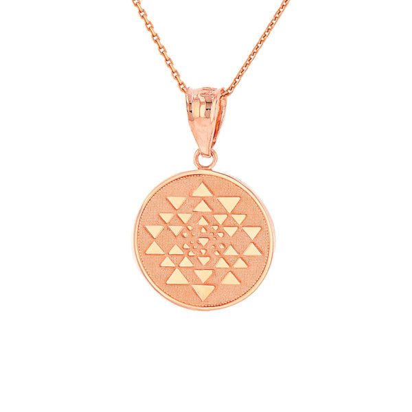 Yantra Tantric Indian Yoga Disc Circle Pendant Necklace in 9ct Rose Gold