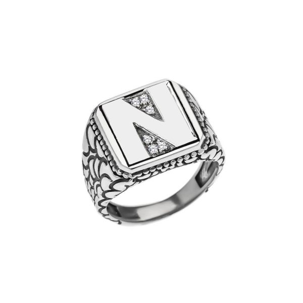 Men's Letter N CZ Ring in Sterling Silver