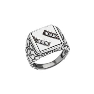 Men's Letter S CZ Ring in Sterling Silver