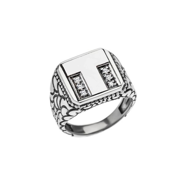 Men's Letter T CZ Ring in Sterling Silver