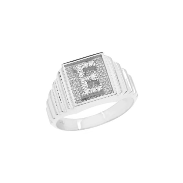 Men's Letter E Diamond Stamped Initial Ring in Sterling Silver