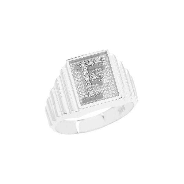 Men's Letter F Diamond Stamped Initial Ring in 9ct White Gold