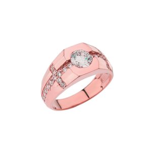 Men's White Topaz & Diamond Centre Ring in 9ct Rose Gold