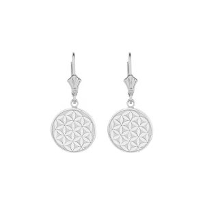 Flower Life Disc Earrings in 9ct White Gold