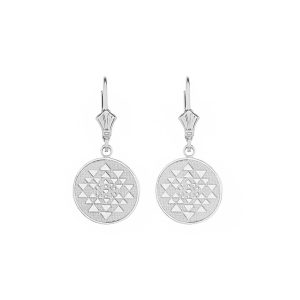 Yantra Tantric Indian Yoga Disc Circle Earrings in 9ct White Gold