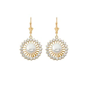 Pearl & CZ Embellished Wheel Drop Earrings in 9ct Gold