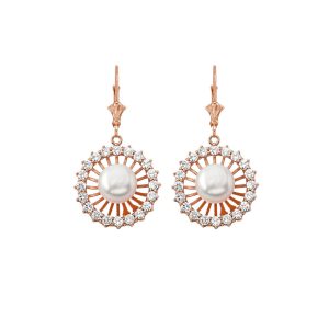 Pearl & CZ Embellished Wheel Drop Earrings in 9ct Rose Gold