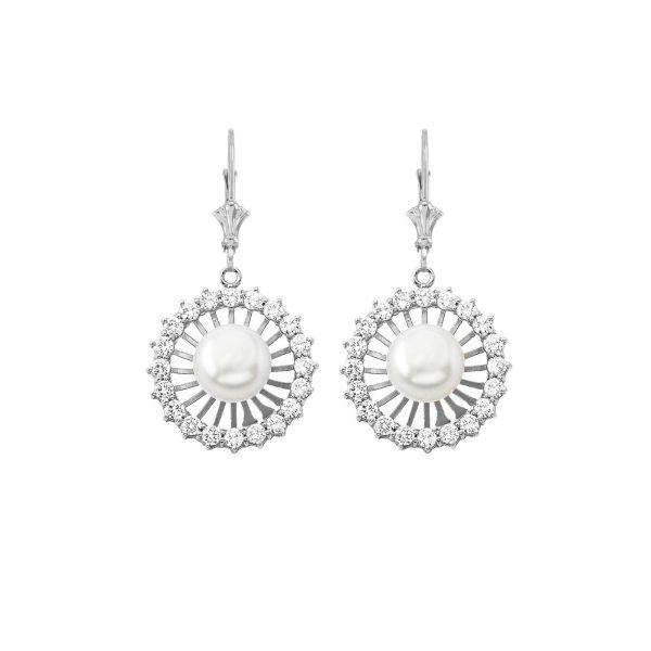 Pearl & Diamond Embellished Wheel Drop Earrings in 9ct White Gold