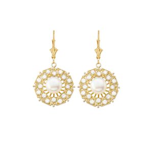 Pearl & Diamond Embellished Medallion Drop Earrings in 9ct Gold