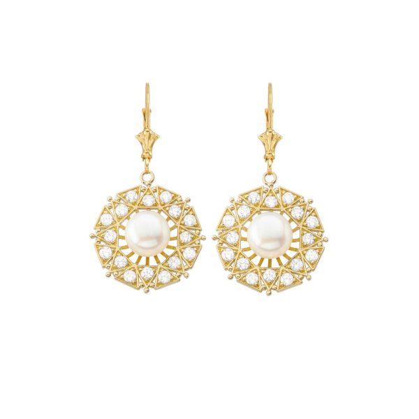 Pearl & Diamond Embellished Medallion Drop Earrings in 9ct Gold