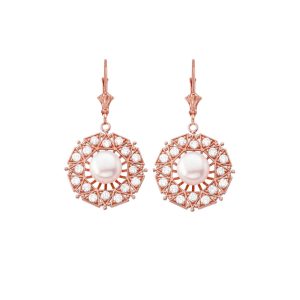 Pearl & CZ Embellished Medallion Drop Earrings in 9ct Rose Gold