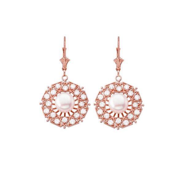 Pearl & CZ Embellished Medallion Drop Earrings in 9ct Rose Gold