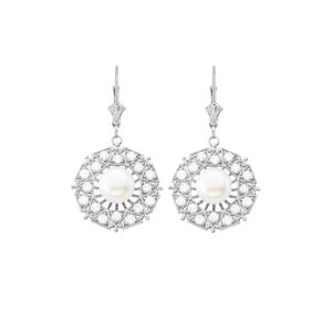 Pearl & CZ Embellished Medallion Drop Earrings in 9ct White Gold