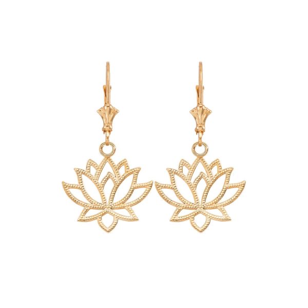 Studded Sacred Lotus Drop Earrings in 9ct Gold