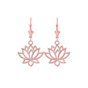 Studded Sacred Lotus Drop Earrings in 9ct Rose Gold