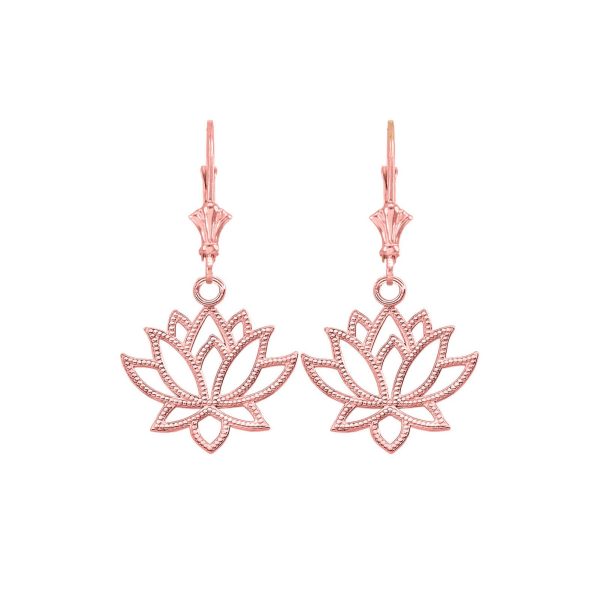 Studded Sacred Lotus Drop Earrings in 9ct Rose Gold