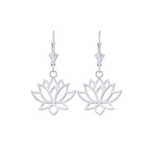 Studded Sacred Lotus Drop Earrings in 9ct White Gold