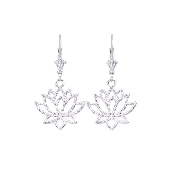 Studded Sacred Lotus Drop Earrings in 9ct White Gold