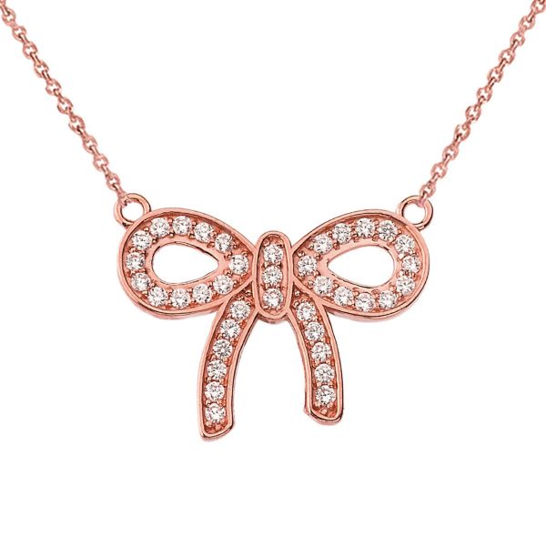 Diamond Embellished Bow Pendant Necklace in 9ct Rose Gold