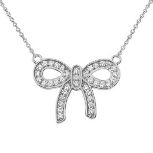 CZ Embellished Bow Pendant Necklace in 9ct White Gold