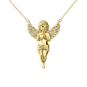 CZ Praying Cherub Angel Pendant Necklace in 9ct Gold