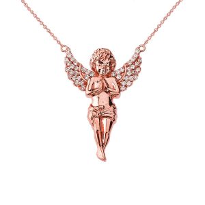 CZ Praying Cherub Angel Pendant Necklace in 9ct Rose Gold