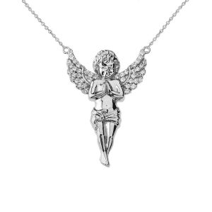 CZ Praying Cherub Angel Pendant Necklace in 9ct White Gold