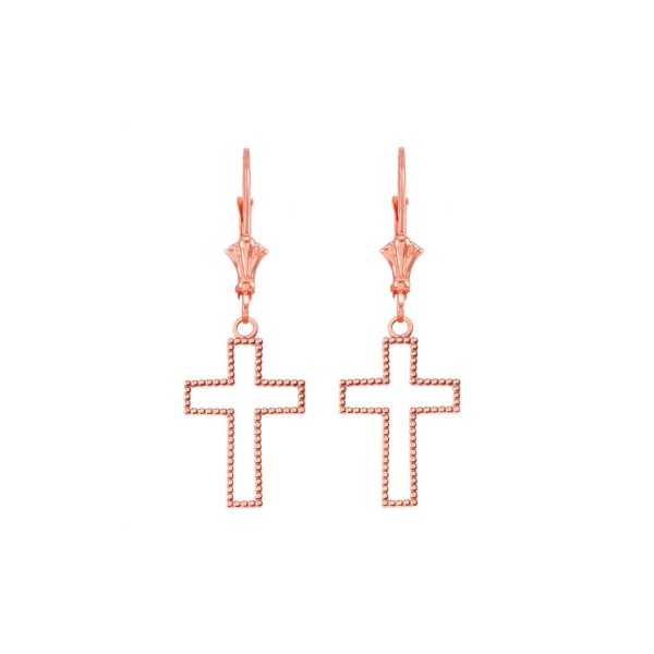 Beaded Cross Drop Earrings in 9ct Rose Gold