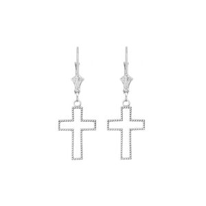 Beaded Cross Drop Earrings in 9ct White Gold