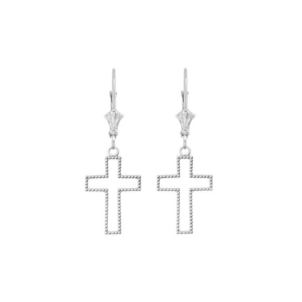 Beaded Cross Drop Earrings in 9ct White Gold