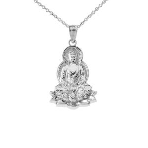 Buddha Lotus Flower Pendant Necklace in 9ct White Gold