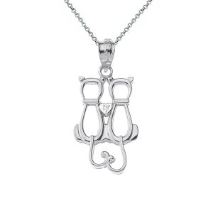 Diamond Cat Pendant Necklace in 9ct White Gold