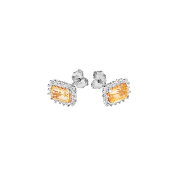 Citrine & Diamond Sunny Side Halo Gemstone Stud Earrings in 9ct White Gold